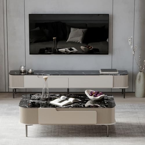 Image of DecorNation Valencia Faux Marble Coffee Table Champagne Cream | Elegant Center Table with Two Drawer Storage | PVD Coated Legs | Premium Living Room & Lounge Furniture for Home Decor Lovers