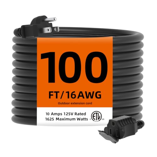 Flexoria 100 FT Outdoor Extension Cord Waterproof, 16/3 Gauge Heavy Duty Power Cord for Lawn and Garden,10A /1250W, Black, ETL Listed