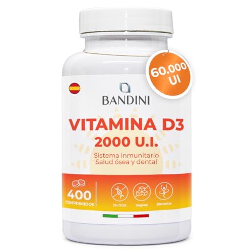 Bandini® Vitamina D 60.000 UI/mes 400 comprimidos | Defensa inmunitaria, Salud ósea, dental y muscular, Metabolismo del calcio, 50 mcg Colecalciferol, Vitaminas D3 pura, Vitamine D en dosis alta