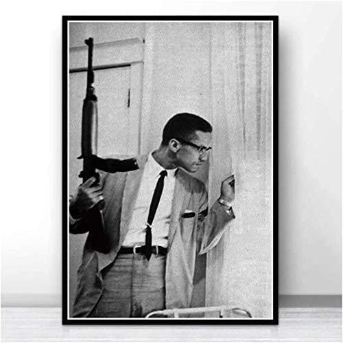 HHGaoArt Black White Malcolm X With Gun Movie Poster Paintings on Canvas Modern Art Decorative Wall Pictures For Living Room Home Decoration (16x24inch,Framed)