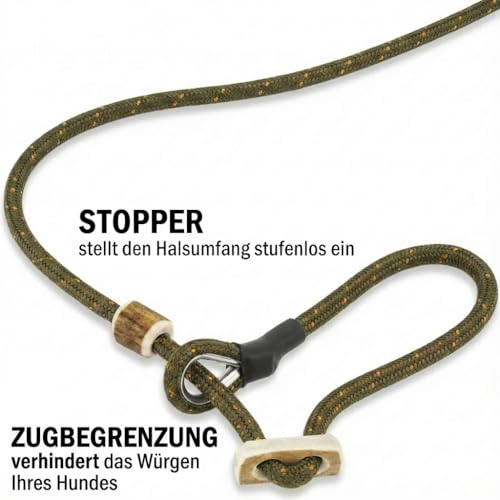 Umhänge Moxonleine 300 cm Oliv 6mm dünne Retrieverleine | lautlose Jagdleine | stufenlos verserstellbar | Hundeleine kleine, mittelgroße & große Hunde | 260-300cm Länge | Zugstopp | Made in Germany