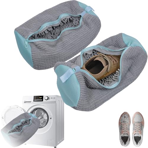 FemKey Lot de 2 Sacs de Lavage Gris Chaussures Réutilisables, Sac à Linge avec Brosse Textile pour Machine à Laver, Filet de Lavage Chaussures avec Fermeture Éclair de Qualité Supérieure