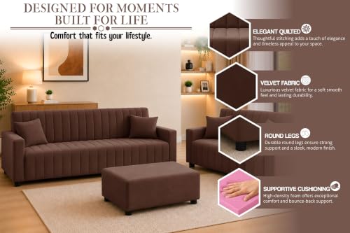 Image of Rosebell 3+2 Fabric Sofa Set with Ottoman | Premium Upholstery 5 Seater Sofa | with Printed Cushions | Living Room Furniture | - Brown Color