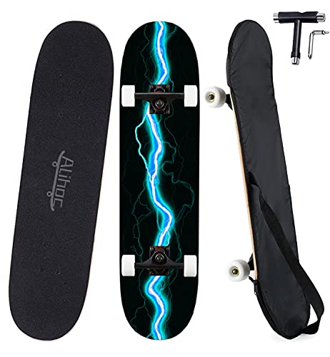 31-Zoll-Standard-Skateboard, 7 Lagen Ahorndeck, komplettes Skateboard, geeignet für Kinder, Jugendliche, Erwachsene, Anfänger und Profis, mit Einer maximalen Belastung von 150 kg-Blue Lightning