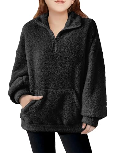 Girls Half Zip Outerwear Jacket Kids Oversized Jackets Zipper Fuzzy Warm Sweatshirt with Pockets 5-14 years