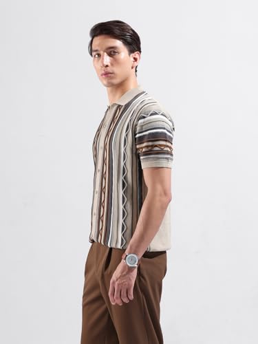 Image of The Indian Garage Co Men Slim Fit Textured Flatknit Half Sleeves Shirt