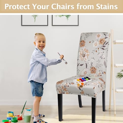 Image of SearchI Printed Dining Room Chair Covers Set of 6, Stretch Kitchen Chair Covers Washable Parsons Chair Slipcover Removable Dining Chair Protectors for Hotel,Ceremony(Brown Floral)