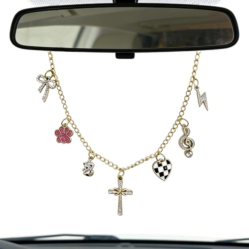 Rearview Mirror Charm for Car Gold Hanging Accessories with Cross Bow Dog Paw Cat Heart Chessboard Music Note Christian Car Accessories for Women Faith Cars Decor Religion Gifts for Drivers