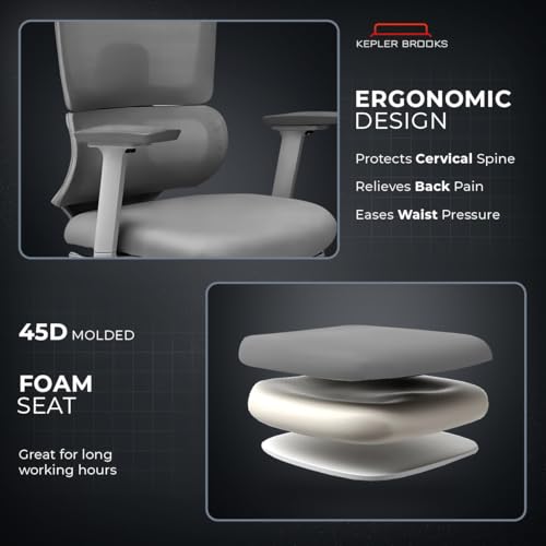 Image of Kepler Brooks Imperia Pro Premium Office Chair for Work | 3-Yr Warranty | Ergonomic Office Chair, Study Chair, 2D Headrest, 3D Arms, Multi Lock Seat Slider with Legrest, Heavy Duty Metal Base (Grey)