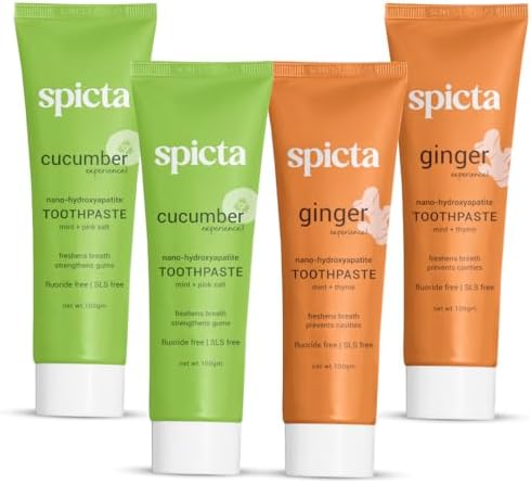Spicta Cucumber Mint & Ginger Mint Natural Hydroxyapatite Toothpaste | Teeth Whitening, Removes Bad Breath, Tartar, Plaque I Herbal, Fluoride Free, SLS Free Toothpaste for Adults & Kids | Pack of 4