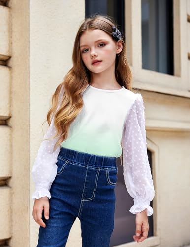 Image of Arshiner Girls Long Sleeve Shirt with Ruffle Cuffs Polka Swiss Dots Kids Girls Pullover Shirts Cute Crewneck Girls Top
