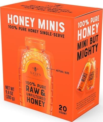 Nature Nate's Raw and Unfiltered Honey Minis Packets Single Serve, 9.8 Oz, 1 box of 20 packets.