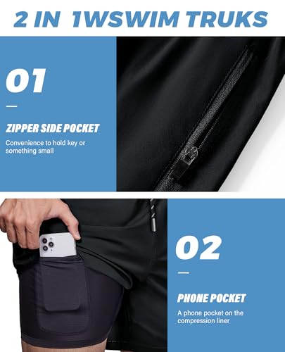 Alimens & Gentle Mens Swim Trunks 5" with Compression Linner Swim Shorts with Zipper Pocket Quick Dry Board Shorts for Men3