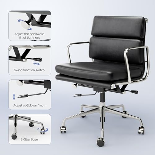 Image of Genuine Leather Office Chair, Padded Mid Back Ergonomic Executive Desk Chair with Aluminum Arm Rest and Base, Swivel Wheels with Lumbar Support & Tilting Function, Hight Adjustable, Black