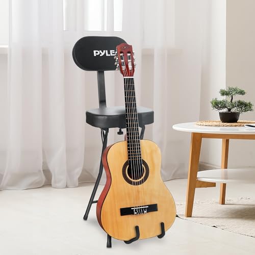 Image of Pyle Adjustable Guitar Seat with Built-in Stand, EVA Foam Padded Cradles, Removable Backrest, Non-Slip Rubber Feet, Collapsible Design - Fits Acoustic, Electric & Bass Guitars - 300 lbs Capacity.