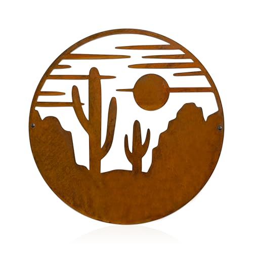 Vausart Metal Cactus Wall Decor And Yard Art, Desert Patio Garden Decor, Rustic Desert Saguaro Sunset Art, Southwest And Western Outdoor Decor For Home Living Room Outdoor(Cactus And Sunset)