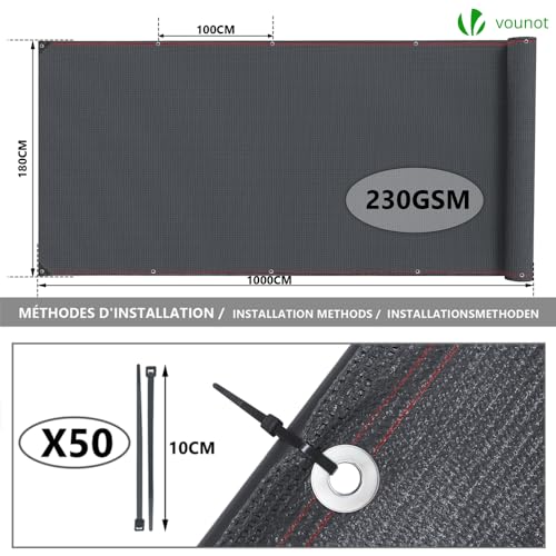 VOUNOT® Zaunblende 1.8×10m, Sichtschutz Zaun 230 g/m² HDPE Schattiernetz, Windschutz UV-resistent Reißfest, 95% Beschattungsgrad, mit Löcher und Kabelbinder, Anthrazit