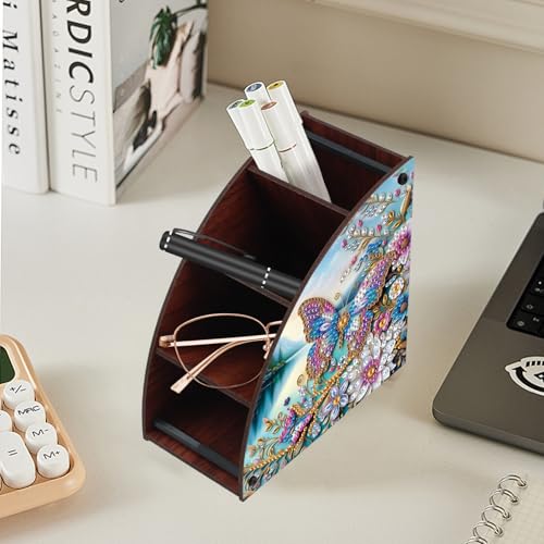 Image of Elegant Butterfly & Floral Diamond Painting Storage Box - Curved Multi-Compartment Wooden Organizer with DIY Diamond Art Decoration for Adults