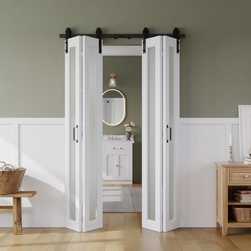 56" x 84" Bifold Sliding Barn Door, 1 Lites Tempered Frosted Glass Panel with Sliding Hardware Kit Set, Pre-drilled Closet Door Slab, 5.33FT Track for 4 Doors, MDF, White 56"(28"x2) x 84" Wh