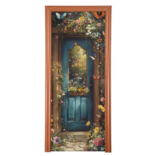 Burbuja Spring Flower Wood Door Cover Stretch Fabric Backdrop Door Porch Covers for Home Party Holidays Decoration 35x79 in