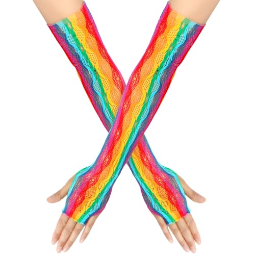Fishnet Fingerless Gloves, Neon Mesh Long Arm Warmers Accessories for Women Halloween Rave Party Cosplay Costume Decoration