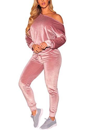 PinkWind Women' 2PCS Velour Boat Neck Long Sleeve Bodysuit Bodycon Romper Pink L