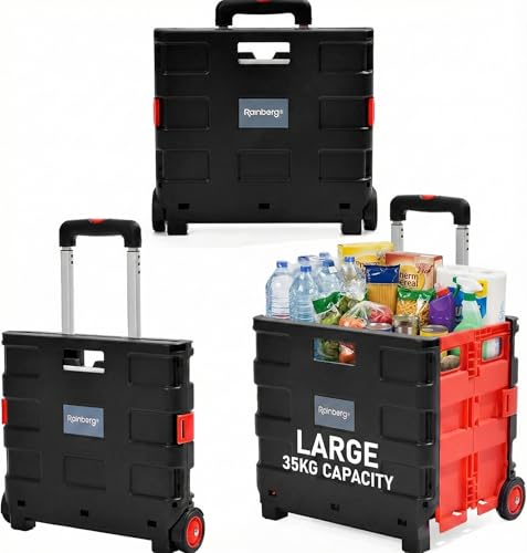 Rainberg Heavy Duty Folding Trolley Box Cart, Folding Shopping Trolley and Shopping Crate, Folding Boot Cart, Large Size, Folds Flat, Capacity 35kg (Large)