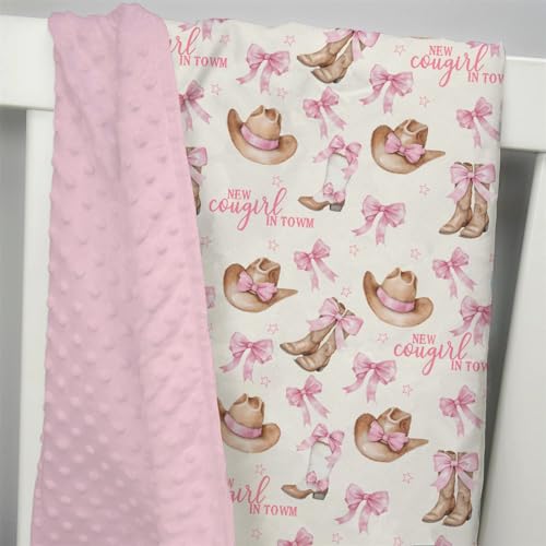 Image of Mink Baby Girl Blanket Western New Cowgirl in Town, Pink Bow Ribbon Boot Hat Soft Double Layer Dotted Backing Receiving Swaddle, Newborn Infant Toddler Nursery Crib Bedding Shower Gift 30 x 40