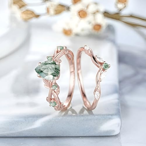 High-grade Natural Moss Agate Engagement Ring Set for Women 925 Sterling Silver 10K 14K 18K Gold Leaf Art Deco Genuine Green Moss Agate Bridal Promise Ring for Wedding Size4-123