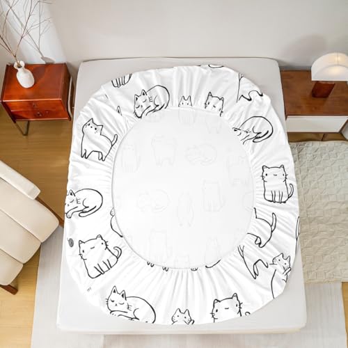 Image of Cartoon Cat Bed Sheet Set Twin Size,Kawaii Cats Pet Animals Sheet Set Kids Teens,Black and White Bedding Decor Set with 1 Flat & 1 Fitted Sheet with 1 Pillow Sham