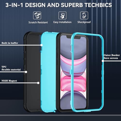 Image of SunStory Compatible with iPhone 11 Case with HD Screen Protector, 3-Layer Heavy Duty Full-Body Cover,3 in 1 Hybrid Protective Case for iPhone 11 6.1 inch,BlackSkyBlue