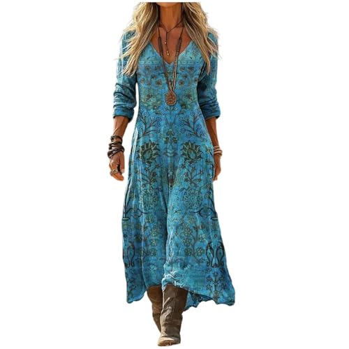 Musselin Kleid Damen Leinenkleid Blumen Maxikleid V-Ausschnitt 3/4 Ärmel Sommerkleid Lang Boho Vintage Tunika Strandkleid Luftig A-Linie Weich...