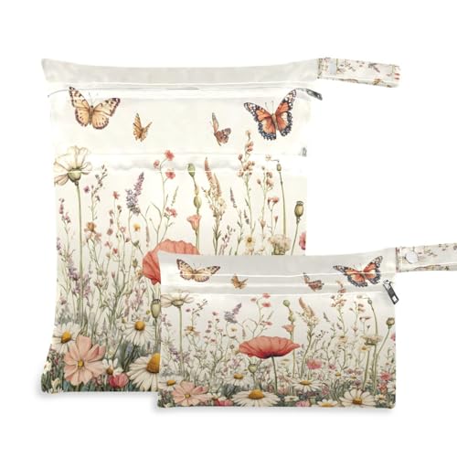 ATTX Wildflowers and Butterflies Wet Dry Bags 2-Pack - Reusable Cloth Diaper Storage for Travel, Beach & Gym | Multi-Use Waterproof Bags for Swimsuits, Baby Clothes, Sports Gear#485