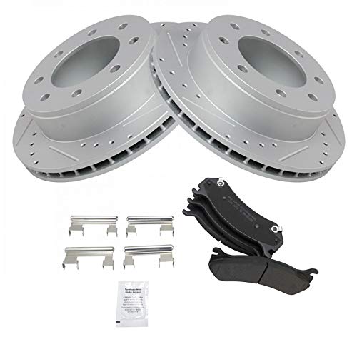 Image of TRQ Performance Rear Brake Pad & Rotor Set Semi Metallic Drilled Coated Compatible with 99-07 Chevrolet Silverado 1500 2500 HD Suburban 2500 00-07 GMC Sierra 1500 2500 HD Yukon 2500 03-09 Hummer H2