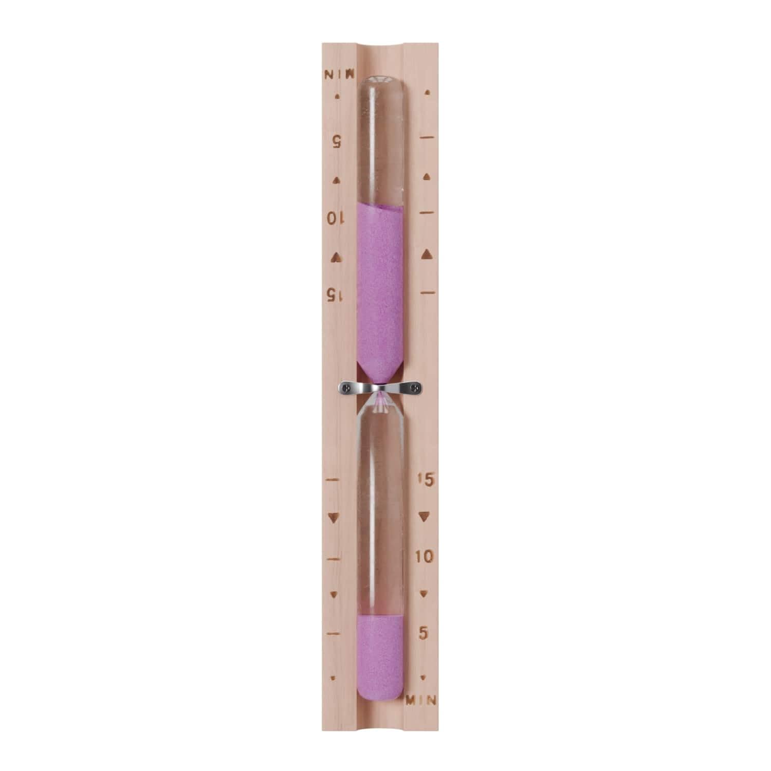 Dewello® Sauna Sanduhr 15 Minuten aus 100% Pinie + 2 Schrauben, vorgebohrt - Glas robust & hitzebeständig - Kontrastfarbe Pink - Sauna Zubehör