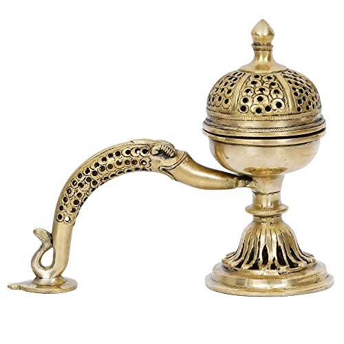 Image of eCraftIndia Golden Brass Dhoop Holder with Handle | Incense Burner for Home Temple Pooja Mandir | Incense Holder Gift for Diwali Housewarming