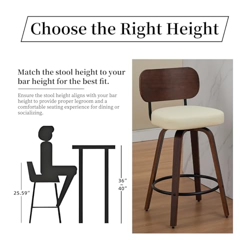 Image of Shenyon Counter Stools Set of 2, 26 inch Swivel Counter Height Bar Stools with Walnut Back,Upholstered PU Leather, Bentwood Legs, Mid Century Modern Bar Chairs for Kitchen Island, Beige