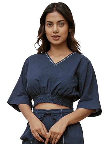 Image of VASTRAMAY Women's Cotton Crop Yoga Top with Geometric Embroidery & Dolman Sleeves