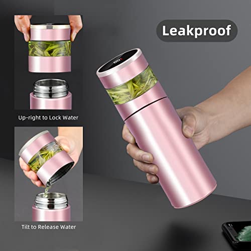 Tea Infuser Bottle - Coffee thermos - Smart Sports Water Bottle with LED Temperature Display,Double Wall Vacuum Insulated Water Bottle - Travel Tea Mug with Stainless Steel Filter (Pink) - Image 5