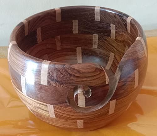 KAM Home Handmade Wooden Yarn Bowl Handcrafted Sheesham Indian Rosewood, Yarn Holder and Organizer for Tangle