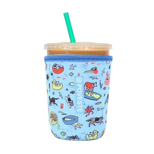 Image of Reusable Neoprene Insulator Sleeve for Iced Coffee & Cold Soda, Coffee Sleeves for Iced & Hot Drinks, Cold Beverage Cooler Compatible with Starbucks, Dunkin (Poolside Party, Small: 16-18oz)