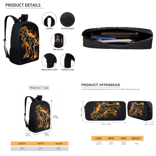 3 Pcs 3D Dinosaur Kids Backpack Sets, Boys 17 Inch School Backpack and Lunch Bag Set for Students, Large Capacity Durable Bookbag Set with Pencil Pouch3