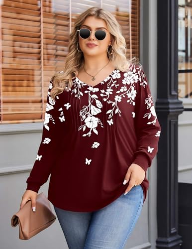 Image of IN'VOLAND Womens Plus Size Shirts V Neck Puff Long Sleeve Tops