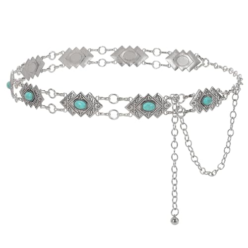 Image of WHIPPY Western Metal Concho Belt for Women Vintage Cowgirl Boho Turquoise Chain Belts for Dresses Jeans