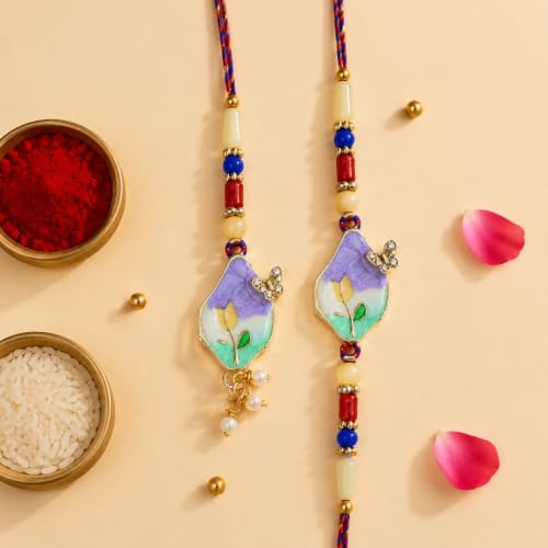 Image of Oblivion Designer Trendy Multicolor Lumba Rakhi Combo for Brother Bhaiya Bhai with Ganesha Thali, Roli Tikka, Silver Color Pooja Coin & Greeting Card | Raksha Bandhan Festival Gift Set | Pack of 5