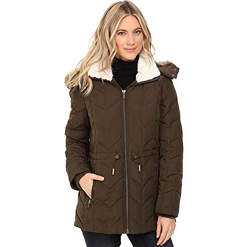 Kenneth Cole New York Women's Quilted Chevorn Coat with Fur Hood Oregano Outerwear XS