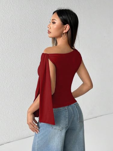 Image of TIVANTE Solid Asymmetrical Shoulder Tie Strap Crop Top for Women
