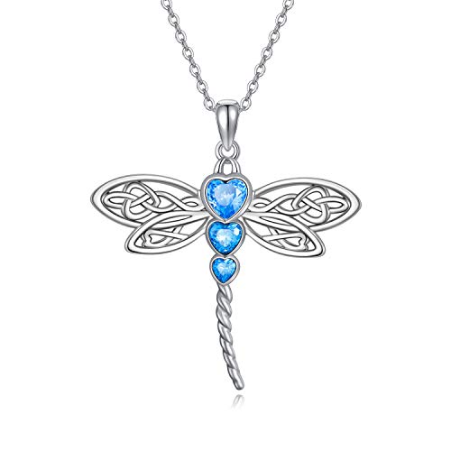 RMREWY Dragonfly 925 Sterling Silver Heart Celtic Necklace for women crystal Birthstone Jewelry Mother’s Day Birthday Gift for Sister Mom wife Dragonfly Lovers