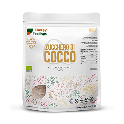 Energy Feelings Zucchero di Cocco Integrale BIO 1 Kg. Dolcificante Naturale ottenuto dai Fiori di Cocco, Basso Indice Glicemico, Senza Glutine nè Lattosio. Coconut Sugar Vegano