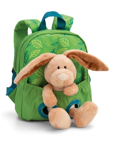 NICI Kinderrucksack 21x26cm grün mit flauschigem Kuscheltier Hase 25cm - Kita Rucksack ab 3 Jahren, Kindergartenrucksack für Jungs und Mädchen - 61743